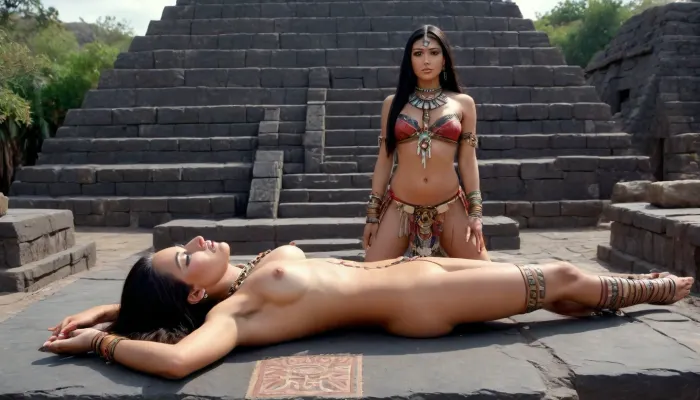 nude Native American girl 18 years old, thin, very large heavy breasts, long legs, very long straight black hair, ((lying on her back, on basalt sacrificial altar on top of pyramid, arms spread apart)), (((Aztec priestess standing next to the altar, in ritual costume, with obsidian ritual knife in hand))), priestess preparing to cut out a girl's heart, Aztec art, with a beautiful exotic priestess, pyramid, young woman with long dark straight hair, style, Aztec civilization, Aztec city at the height of the Aztec Empire, pyramids, canals, the whole body in the frame, super detailed image, 4K quality, side view