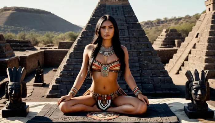 nude Native American girl 18 years old, thin, very large heavy breasts, long legs, very long straight black hair, ((lying on her back, on basalt sacrificial altar on top of pyramid, arms spread apart)), (((Aztec priestess standing next to the altar, in ritual costume, with obsidian ritual knife in hand))), priestess preparing to cut out a girl's heart, Aztec art, with a beautiful exotic priestess, pyramid, young woman with long dark straight hair, style, Aztec civilization, Aztec city at the height of the Aztec Empire, pyramids, canals, the whole body in the frame, super detailed image, 4K quality, side view