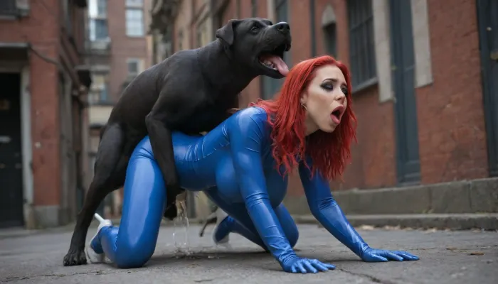 best quality, ultra-detailed, masterpiece, photorealistic, finely detailed, highres, hyper-realistic details, view from below, 19 years old goth girl fucked by big dog knot in kneeling sex, big dog fucking goth girl, doggy style, zoophilia, bestiality, dog knot, men pissing, large masses of piss, dog knot in mouth, thick black lipstick, ruined black makeup, long bright red hair with much volume, detailed face, detailed natural eyes, detailed natural hands, slutty smeared makeup, ruined makeup, perfect hands, perfect fingers, perfect anatomy, very long pig tails, arm-long silver gloves, small waist, long legs, white stiletto high heels, dark eyeshadow, (bimbo:1.5), (goth:1.5), blue full-body skin-tight linen suit covering big breasts, blue linen full-body suit, not naked, (moaning, aroused, orgasm:1.6), (vaginal fluids), night street, used condoms on the girl, used condoms all around, <lora:708827_training_data:.5>