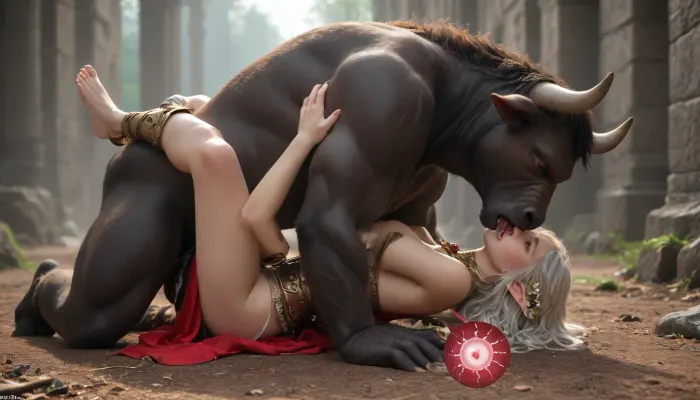 Minotaur, red eyes, monster, creature, loincloth, shoulder, armor, side sex, beautiful elf woman, rough sloppy sex, primal mating, cum inside, kissing, impregnation, moaning and drooling from the mind melting orgasm, big full boobs, <lora:654057_training_data:1.2>