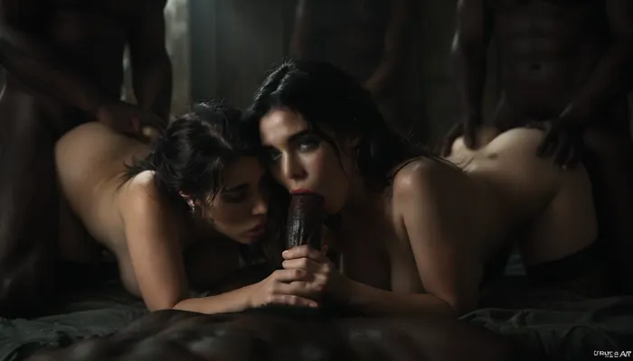 Persian woman and black men, hot Persian wife, huge size black brute, moisture art, blacks on Persian, interracial gangbang, black men Asian women, sex, group sex, blowjob, moaning orgasm, ((only black men)), only black cocks, doggystyle, stockings, ((interracial gangbang)), <lora:dark:.6>, <lora:MJ52:.6>, <lora:style_lora_realis:.8>