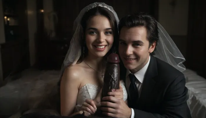 interracial, pov of black penis ., (((1white cuckold husband in suit is behind the bride hugging the bride he is happy and look at the camera))), very large black penis, The happy chubby Persian bride in sexy wedding dress, cum driping bride's chain' cum driping from black penis, drinking sperm from transparent glass cup, there is glossy and sticky sperm in cup, cup full of sperm, cum swallowing, ((gokkun)), cum dripping from the corners of her lips, The woman holds the cup under the black cock., happy, <lora:671410_training_data:.4>, <lora:dark:.5>, <lora:677862_training_data:.8>, <lora:happy_v2:1>