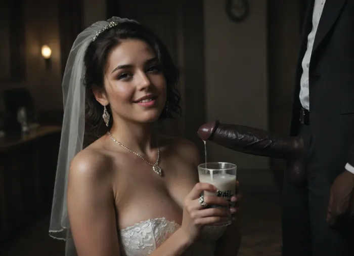 interracial, ((white cuckold husband in suit in the background is crying)), very large black penis, The happy chubby Persian bride in sexy wedding dress, cum driping bride's chain' cum driping from black penis, drinking sperm from transparent cup, there is glossy and sticky sperm in cup, cup full of sperm, cum swallowing, ((gokkun)), cum dripping from the corners of her lips, The woman holds the cup under the black cock., ((text on The cup is, "BBC Cum")), logo, text, sign, that, says, the, word, <lora:671410_training_data:.8>, <lora:dark:.5>, <lora:texta:1>, <lora:677862_training_data:.8>, happy, <lora:happy_v2:.8>
