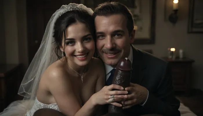 interracial, pov of black penis., (((1 white cuckold man in suit is behind the bride hugging the bride he is happy and look at the camera))), very large black penis, The happy chubby Persian bride in sexy wedding dress, cum driping bride's chain' cum driping from black penis, drinking sperm from transparent glass cup, there is glossy and sticky sperm in cup, cup full of sperm, cum swallowing, ((gokkun)), cum dripping from the corners of her lips, The woman holds the cup under the black cock., happy, <lora:671410_training_data:.4>, <lora:dark:.5>, <lora:677862_training_data:.8>, <lora:happy_v2:1>