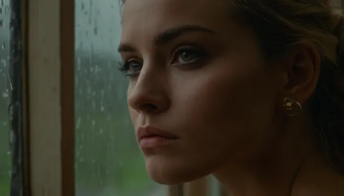 (profile portrait:1.1), (beautiful woman's face:1.3), (looking out of a, (rainy window:1.5)), (melancholy expression, pensive expression, introspection:1.4), (intense eye detail:1.4), (intricate eye details:1.4), (vivid eyes:1.5), (vibrant eyes:1.5), (beautiful long eyelashes:1.3), (detailed eyeliner:1.2), (dramatic lighting:1.4), (cinematic lighting:1.4), (short ash blond hair with dark roots:1.3), loose strands of hair, swept back hair style, (cool muted color palette:1.3), (sense of melancholy and introspection:1.5), (soft smooth skin tones:1.2), (shallow depth of field:1.5), (blurred background:1.2), professional color grading, (detailed skin:1.3), (detailed hair:1.3), (detailed eye:1.4), (limbal ring:1.4), (natural skin texture:1.3), (natural hair texture:1.3), (natural eye texture:1.3), vellus hairs, ziprealism