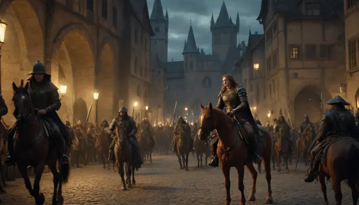 woman, 15th century, night watch, There are several armed men patrolling the streets of the medieval city, hiking and horseback riding, with swords, swords and halberds, engraving in the style of Albrecht Durer, high resolution, detailed elaboration of details, greg, rutkowski, <lora:greg_rutkowski_xl_2:.5>