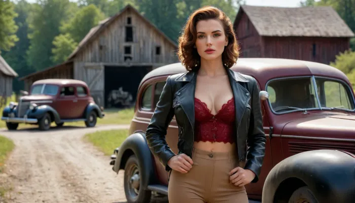 masterpiece, best quality, highres, (photorealistic:1.4), 1940s, close up on female gangster holding thompson minigun, car with bullet holes parked on side of country road, abandoned barn in background, detailxl, <lora:SDXLFaeTastic2400:.4>, <lora:add-detail-xl:1>, <lora:420880_training_data:1>, tan jacket with dark red lace bra, black slacks, cleavage, auburn hair, (large chested)
