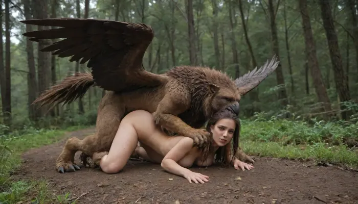 a highly detailed, full body depiction of a griffin, showcasing a mix of lion’s body, eagle’s head and wings in a dramatic forest setting under a warm evening sky, smooth, vibrant, sharp focus, exquisite detailing, including feathers, fur, and talons, where the griffin is fucking a human female princess, vaginal penetration, griffin is fucking the princess doggy style, saving the image in 4K UHD quality, h41ry, 4ng3l, face, <lora:h41ry:.5>, <lora:SDXL_BetterFaces-LoRA_v1:.5>, <lora:HandFineTuning_XL:.5>, <lora:add-detail-xl:.8>