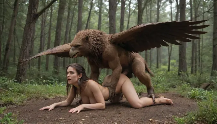 a highly detailed, full body depiction of a griffin, showcasing a mix of lion’s body, eagle’s head and wings in a dramatic forest setting under a warm evening sky, smooth, vibrant, sharp focus, exquisite detailing, including feathers, fur, and talons, where the griffin is fucking a human female princess, vaginal penetration, griffin is fucking the princess doggy style, saving the image in 4K UHD quality, h41ry, 4ng3l, face, <lora:h41ry:.5>, <lora:SDXL_BetterFaces-LoRA_v1:.5>, <lora:HandFineTuning_XL:.5>, <lora:add-detail-xl:.8>