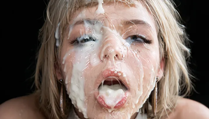 (Macro photo), (extreme close up:1.2), front view, Photorealistic, high resolution, professional photography, close-up of lips, zoom in on lips, natural lips, short smooth blonde bobcut hair, topless, cum dripping from chin, tongue sticking out, black background., (Cum details), realistic cum, Prominent cum, (white cum:1.7), cum on, (Cum flows:1.2), (cum on body:1.3), cum on head, (cum on face:1.3), bukkake, ((body covered with semen)), cum, face, Face covered in cum, (A lot of cum:1.5), shocked, nonplussed, <lora:JustCum:2>, <lora:cum_in_eye_deepmind:.6>, <lora:shocked:1.7>