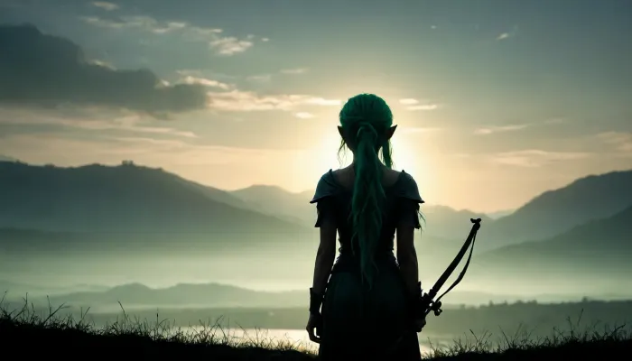 Silhouette in the distance of a beautiful 21year old green-haired elf on the battlefield SamDoesArt2