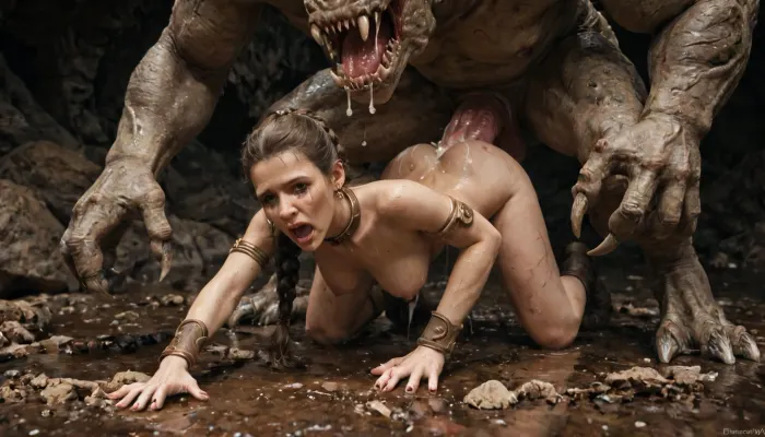 Dark wet cave, dropping water, slimy, enormous cave, floor covered with shattered bones, fear, le_ia grabbed by rancor1024, (1.5), le_ia body covered with dirt, cum, bruises and clawmarks, rancor1024, fucking le_ia from behind, le_ia costume ripped apart, enormous monster cock in le_ia ass, ((monster claws tearing costume)), leia screaming from fear and lust, tits hanging out costume, monster, claws, sharp, teeth, le_ia, braid, ponytail, slave, leia, onarmor, meatshield, fannypacking, costume, double, <lora:onarmor_xl:.5>, <lora:leia - le_ia sdxl:.5>, <lora:Rancor1024:.5>