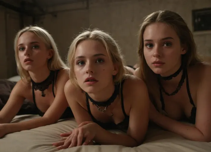 (3 young girls), 18 years old, only fans models, blonde, all nude, laying down on bare mattress, in bunker basement, legs spread wide apart, hands behind head, tied down with leather straps, lace chokers, silk stockings, (((perfect faces, detailed faces))), wide eyes, sweaty skin, dripping vagina, detailed anatomy, pov missionary sex