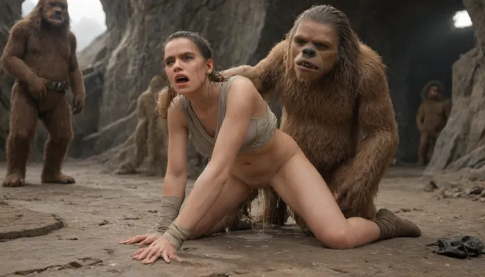 Dark wet cave, dropping water, slimy, enormous cave, floor covered with shattered bones, fear, le_ia grabbed by gaint chewbacca, (1.5), le_ia body covered with dirt, cum, bruises and clawmarks, chewbacca, fucking le_ia from behind, le_ia costume ripped apart, enormous monster cock in le_ia pussy, ((monster claws tearing costume)), leia screaming from fear and lust, tits hanging out costume, gaint monster, claws, sharp, teeth, onarmor, meatshield, fannypacking, ((Chewbacca)), Rey, <lora:onarmor_xl:.5>, <lora:Rey:.8>