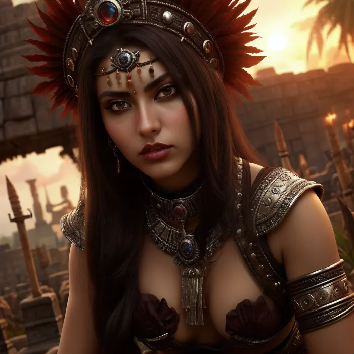 Photorealistic, Very detailed, deep depth of field, ultra-high resolution, Sharpened, Overexposure, Parallax, Wide Angle, Night Vision, Realistic style, Renaissance, Dramatic red sunset with long shadows, A young, stunning, wild, seductive, flirtatious, slender top-model Aztec warrior woman with a highly detailed face and war paint. She wears short Aztec warrior clothing and Aztec jewelry. She is performing an occult blood sacrifice ritual in a ancient Aztec temple in the Mexican jungle. she is in a Pools of blood, knives, spears, and skulls lie on the ground, She have flat small breasts, natural soft shining skin, soft face and body, She plays romantically with her hair, (She is looking in any direction), (((worm's-eye view))), Face closeup, She is lying down