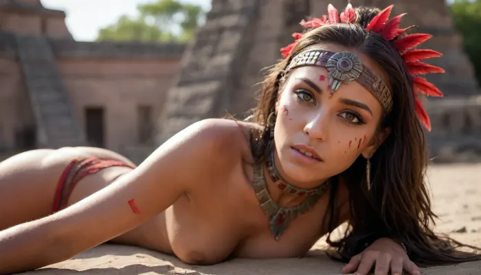 Photorealistic, Very detailed, deep depth of field, ultra-high resolution, Sharpened, Overexposure, Parallax, Wide Angle, Night Vision, Renaissance, Dramatic red sunset with long shadows, A young, stunning, wild, seductive, flirtatious, slender naked Aztec warrior woman with a highly detailed face and war paint. She wears short Aztec warrior clothing and Aztec jewelry. She is performing an occult blood sacrifice ritual in front of an ancient Aztec temple in the Mexican jungle. she is in a Pools of blood, knives, spears, and skulls lie on the ground, She have flat small breasts, natural soft shining skin, soft face and body, She plays romantically with her hair, (She is looking in any direction), (((worm's-eye view))), Face closeup, ((She is lying down))