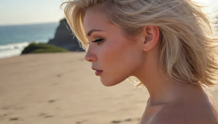 (masterpiece:1.2), (best quality:1.2), (ultra detailed:1.1), (8k, 4k, uhd, highres:1.1), (adorable girlfriend:1.3), (short cut silver blond hair, asymmetric swept back hair style, voluminous textured waves, loose strands of hair, windblown hair:1.2), (topless sunbathing on beach, facing ocean, serene expression, contented:1.1), (admiring the view, squinting into sunlight, silhouette in profile:1.5), view from side, side view, strong direct sunlight, (natural breasts, soft breasts, pale breasts), (shallow depth of field:1.1), (bokeh:1.1), Canon EOS R5, EF 50mm f/1.2L USM, medium shot, (scenic landscape panorama:1.2), cinematic lighting, vibrant colors, realistic skin texture, (intricate details:1.1), (photorealistic:1.2), no blur, sharp focus, (rule of thirds, excellent composition:1.4), (natural skin texture, natural hair texture:1.1), (youthful appearance:1.1), ziprealism, igbaddie, <lora:igbaddie-XL:.8>
