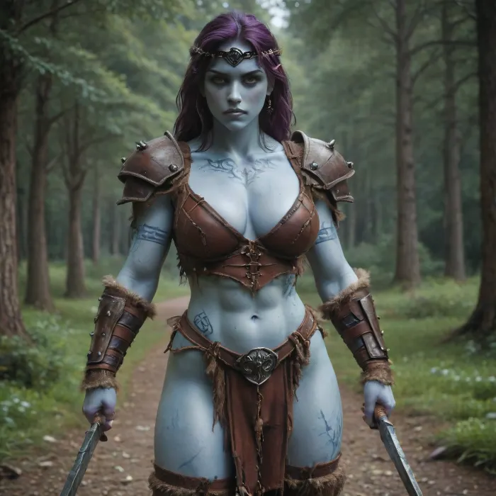 female drow elf barbarian, baldur's gate, dnd, bg3, tall, angry, busty, curvy, huge natural boobs, cleavage, big butt, hips, athletic, fit, vitiligo, strong, fur pelt armor, dungeons and dragons, purplish blue skin, black and purple hair, Dark, Elf, Warrior, <lora:Dark_Elf_Warrior:.8>, tattooed, scarred, purple eyes, uberfit, muscular, <lora:uberfit_lora_sdxl:.8>, blue skin, amazon, giant, fur barbarian armor, bloody, blood spatter, zavy-brbrn, <lora:zavy-brbrn-sdxl:.8>, <lora:339100_training_data:.8>, leather headband, Drow, <lora:Drow:.8>, 1girl, pretty