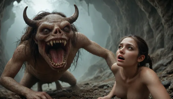 a gloomy, damp cave in which there is a pinkish creature that looks like a huge earthworm. The creature is more than a meter long and has a diameter of a human thigh. In front of the monster are two dozen large black beads. They all hang on thin legs. The eyes "stick out of their heads" like snail horns. they turn in different directions and do it independently of each other. the animal has a wide, slightly open mouth. sharp white bone plates protrude from the gums, above and below. Creepy teeth are arranged in rows. Each of them is the size of a large fighting dog's fang. Moving its jaws, the monster chews on a completely naked man who is still alive and screams terribly in pain and horror., Dark, Fantasy, page, PXDlichenmutant, <lora:pixeldust_lichenmutant:1.1>, <lora:Dark Fantasy:.5>