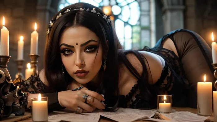 draw, Photorealistic, Very detailed, deep depth of field, ultra-high resolution, Sharpened, Parallax, Overexposure, Wide Angle, Paper Cutout, Dramatic dark night with long shadows, A young, stunning, wild, seductive, coquettish, slender, Mexican woman, She is wearing a La Muerta costume with La Muerta Makeup and is at a Mexican La Muerta festival, Mexican jewelry, She is performing an occult La Muerta ceremony in a cemetery in Mexico with a skull, (She hold a scull), (sculls and candles stand on the floor), Candlelight, She have flat small breasts, natural soft shining skin, soft face and body, She plays romantically with her hair, (She is looking in any direction), (((Worm's-eye view))), (Face closeup)