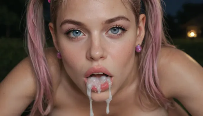 Close up of tits, huge round tits, huge perky tits, huge firm tits, tits are covered in excessive cum, cowgirl anal, Juliet Starling, mouth open, pigtails, outdoors at night