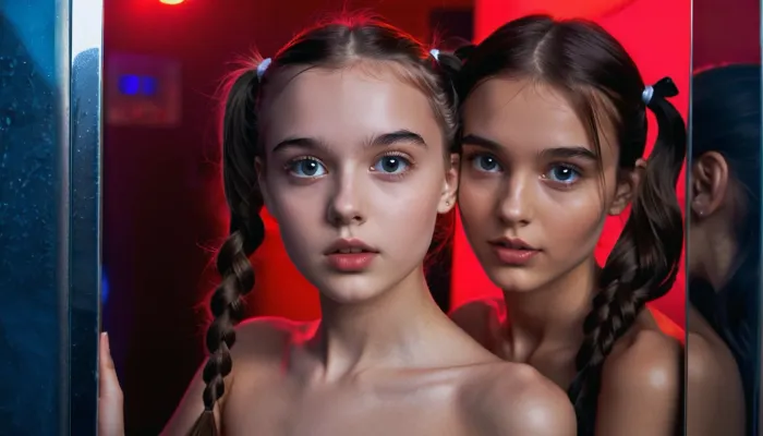 (young girl:1.8), small body, (((small face))), charming girl 18 years old, sexy girl, perfect body, (pussy visible:1.6), (brunette hair), (nude:1.4), (((pigtails hair))), (stands on his feet close to the mirror), (slender body:1.3), beautiful, (big black fluffy eyelashes), ((big eyes)), (shaved pussy:1.4), (smooth pussy:1.4), (high detail:1.5), (maximum resolution:1.5), (clear focus:1.6), selfie quality, at a nightclub, whole body showing, detailed face, older man groping her from behind, exceptional shot, red foreground light, blue background light