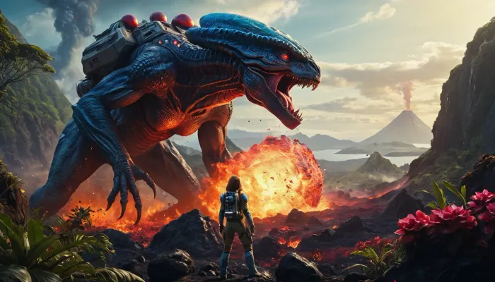 another world, alien planet, two suns, red and blue suns, dense flowering jungle at the foot of an volcano, a girl astronaut with her back to a rock fires a blaster at a big predatory monster, the monster with a huge mouth attacks the girl, Sci-Fi, full body in the frame, full body is visible, side view, full-color image, super detailed image, 8K quality