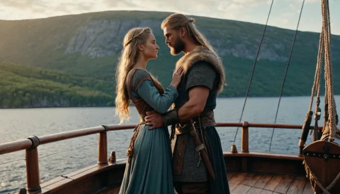 Man, Scandinavian warrior, Viking in full gear, long sword on his belt, stands on the deck of a drakkar, (Scandinavian warship), ((embracing a girl in Slavic dress)), fjord at sunset, full body in the frame, full body is visible, ((side view)), full-color image, super detailed image, 8K quality