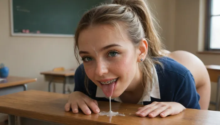 cute 18yo, blonde, ponytail, big blue eyes, happy, smiling, freckles, short, tiny, small, big natural tits, braces, teeth, <lora:braces-sdxl:.8>, <lora:754990_training_data:.8>, she is so happy to filled with cum, cumslut, loves the cum, petite, schoolgirl, bent over desk, cum on face, cum in hair, cum on clothes, cum on body, cum all over her, cum dripping, big mess of cum, licking cum off of desk, licking up cum