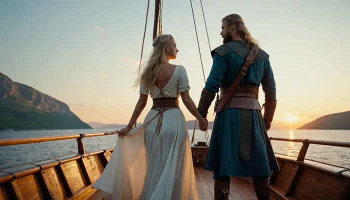 Man, Scandinavian warrior, Viking in full gear, long sword on his belt, stands on the deck of a drakkar, (Scandinavian warship), ((embracing a girl in Slavic dress)), fjord at sunset, full body in the frame, full body is visible, ((side view)), full-color image, super detailed image, 8K quality