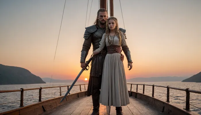 Man, Scandinavian warrior, Viking in full gear, long sword on his belt, stands on the deck of a drakkar, (Scandinavian warship), the bow of the ship is made in the form of a high-raised head of the dragon, ((embracing a girl in Slavic dress)), fjord at sunset, full body in the frame, full body is visible, ((side view)), full-color image, super detailed image, 8K quality