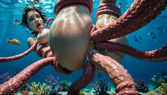 High-definition, 20 meters underwater, (1man, half-octopus man with very many tentacle arms but the torso of a man and a huge cock:1.3), (floating above the seafloor in zero gravity), (1woman, large, breasts, a helpless and beautiful female scuba diver wearing a full-face scuba mask over her eyes and a one-piece swimsuit), (dive knife has fallen from her hand and an empty sheath is strapped to her thigh:1.1), (the monster is mounting her and impregnating her with its tentacles:1.3), (multicolored tentacles), (doggy sex position), (full-face scuba mask:1.4), (air bubbles leaving her mouth:1.4), (orgasm face:1.4), (ahegao:1.1), (double penetration:1.3), (tentacles in pussy), (tentacles in ass), (tentacles wrapped around her body:1.4), (deep underwater:1.3), (lots of fish:1), (detailed face and eyes:1.3), (facing viewer:1.3), (close-up view of face:1.2), (precum:1.2)