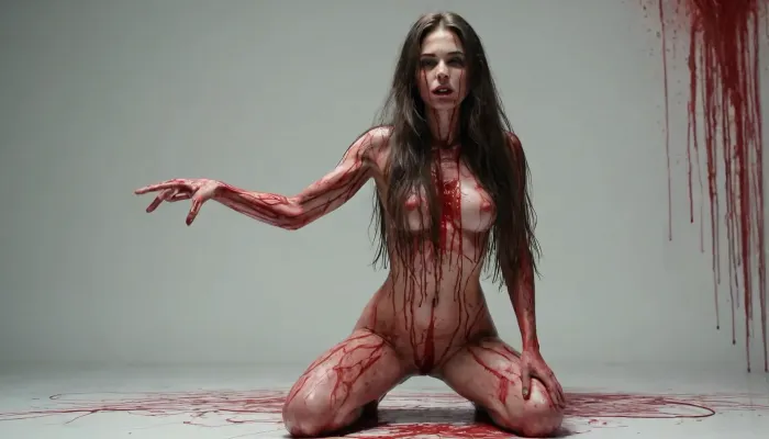 image of a coquettish woman with very long hair, blood, sculpted out of candy, human bodies intertwined, scribbled lines, surrender, polychromatic, anthropomorphic, humanoid, she looks to side, in the blackbox, ((weightless)), (she kneels), (((She points at the viewer)))