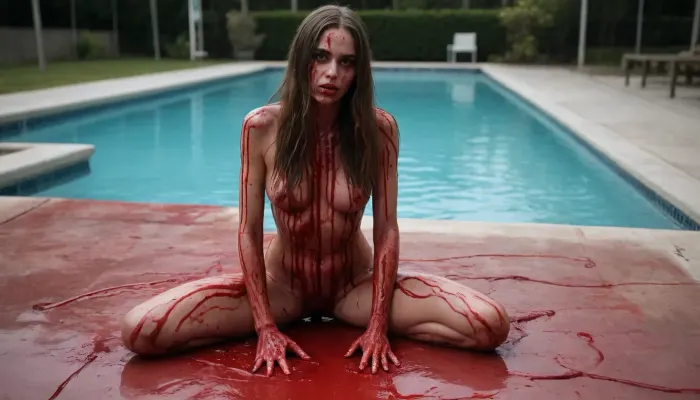 a horor-syle image of a coquettish woman with very long hair, blood, sculpted out of candy, human bodies intertwined, scribbled lines, surrender, polychromatic, anthropomorphic, humanoid, she looks to side, in the blackbox, ((weightless)), (she kneels), (((a pool of blood)))