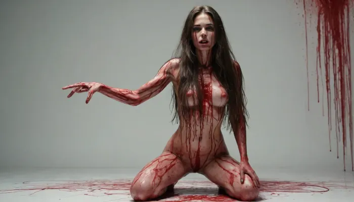 image of a coquettish woman with very long hair, blood, sculpted out of candy, human bodies intertwined, scribbled lines, surrender, polychromatic, anthropomorphic, humanoid, she looks to side, in the blackbox, ((weightless)), (she kneels), (((She points at the viewer)))
