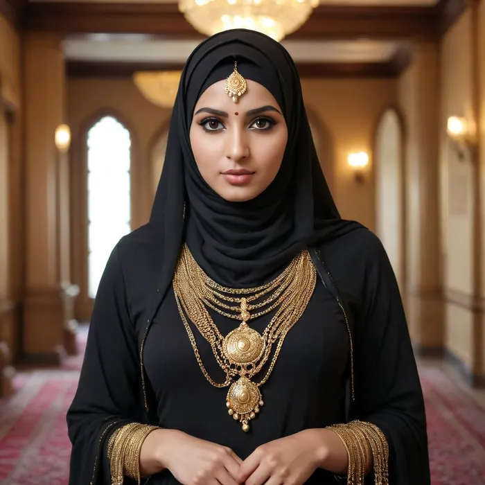 A gorgeous muslim indian gurl wearing a black hijab dress, golden harem chains, big perfect boobs, eyes, face covered with golden hijab, big ass, indian room