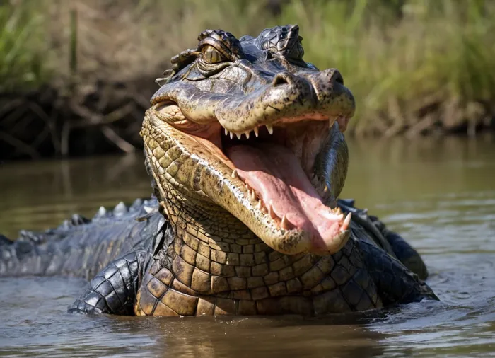 Russian bimbo brunette 35 years old hooker in a amazon river swimming away from alligators. ultra-detailed. view from distance. arrogant proud face. plump sensual lips. 56F cup round silicon breasts. upturned sexy eyes. long extended eyelashes. bright vulgar makeup. long straight black hair. wearing cropped bando top tied on a knot., ((angry giant alligator with open muzzle behind her:1.6))