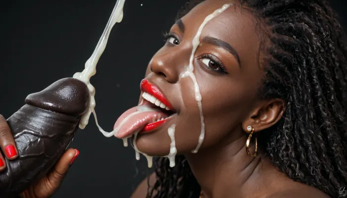 Photorealistic, high resolution, professional photography, (close-up), black african man, handjob, zoom on testicles, huge erection, (ejaculation:1.6), cum on testicles, side view, (beautiful naked balck african milf licking cum from testicles), (looking at viewer), front view, (Macro photo), (close up), (african), bsolutely black skin, deep ebony skin, African, Nigerian, Nubian, (((absolutely black skin))), long straight black hair, sleek long hair, dark eyes, beautiful, haircut, black hair, (detailed brown eye), (the eyes are smiling), (detailed iris), (open mouth), (red lipstick), (eyes wide open), (extended tongue), (detailed tongue), (head between the legs:1.3), black room, black background, (Cum details), realistic cum, Prominent cum, (white cum:1.7), cum on, (Cum flows:1.2), cum on head, (cum on face:1.3), cum, face, Face covered in cum, (A lot of cum:1.5)
