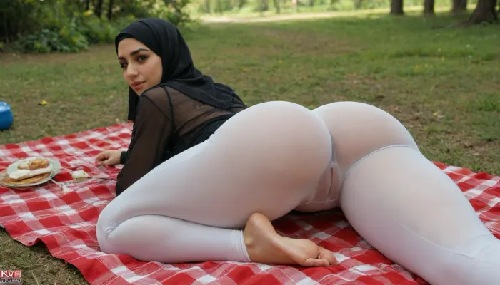 hinata, huge sexy lips, super model, on picnic, eyes, octane render, hdr, waist, thick thighs, nose, hijab, brown eyes, big lips, ass sticking out, hyper large ass, puffy vulva, puffy labia, focus on ass, translucent, white yoga pants, (see through cloths:1.3), lying open legs, inviting you in
