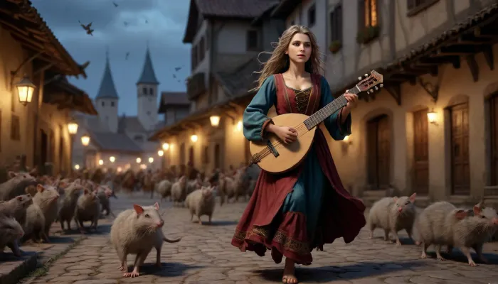 (side view), 30 year old woman, medieval sorceress playing the lute, walking with jaunty high stride, (chased by thousands of rats), infestation, ancient village at night, wind in her hair and clothes, <lora:detailed_notrigger:.8>, full body view from side
