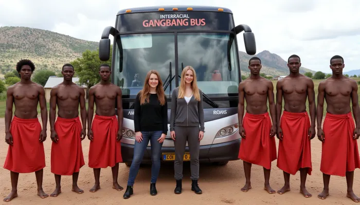 Two 19 year old female western tourists, joggingpants, sweater, standing in front of a coach in a African landscape smiling. On their sides stand ten muscular black men, red loinclothes. The inscription on the bus is text "INTERRACIAL GANGBANG BUS".