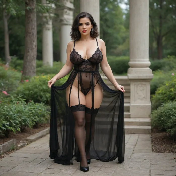 Milf, 35 years old, full build, big tits, plump lips, bright red lipstick, black hair, perfect anatomy, transparent bra, transparent thong, stockings, outdoors, stilettos, transparent black dress, full-length view, <lora:220437_training_data:.8>