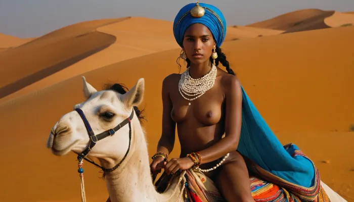 Beautiful dark-skinned young woman, riding on a camel in the desert of sugar, long black hair braided into a multitude of thin pigtails, on her head a blue turban decorated with pearl beads, a bright multicolored cloak-burnus natsinut on the naked body, no underwear, on the neck of a heavy necklace of gold coins