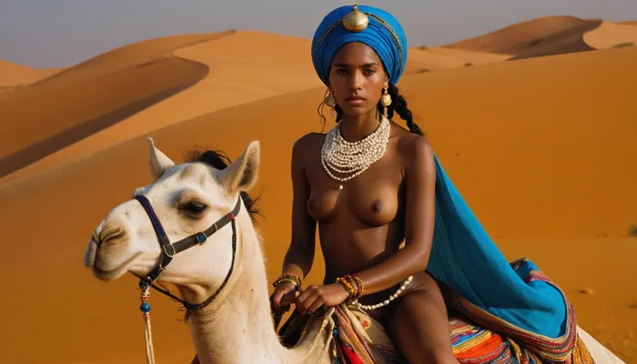 Beautiful dark-skinned young woman, riding on a camel in the desert of sugar, long black hair braided into a multitude of thin pigtails, on her head a blue turban decorated with pearl beads, a bright multicolored cloak-burnus natsinut on the naked body, no underwear, on the neck of a heavy necklace of gold coins