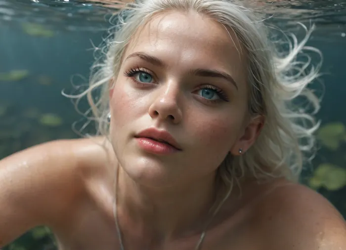 A 22-year-old fantasy amphibian hybrid female swimming deep underwater in a blackwater river. She is clearly not human — her body show strong amphibian traits. Her skin is smooth, slightly moist, and textured like a frog’s — with faint mottling in shades of blue-green and pale turquoise. She has large, round eyes with vertical slit pupils like a reptile or frog. On the sides of her neck are visible gill slits that open and close rhythmically as she swims.

Her fingers and toes are fully webbed, helping her glide through the water with powerful strokes. Her arms and legs are strong and streamlined, adapted for fast underwater movement. She has long white hair that flows around her like ghostly tendrils, floating naturally with the current.

She is mid-swim, arms extended forward, legs kicking gracefully — full motion pose. No static standing or floating — she is actively propelling herself through the dark amber-colored water. The light filters softly from above, casting golden rays through the tea-colored river.

Around her, glowing jelly-like organisms, translucent fish, soft bioluminescent plants swaying slowly in the current. Ethereal lighting, fantasy art style, high detail, immersive underwater atmosphere., close-up, cowboy, shot, high, angle, skinny, body, <lora:Cool Hong Kong Girl SDXL:1>