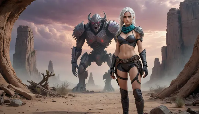 Two 22-year-old desert elf rangers stand in a vast, eerie post-apocalyptic desert under a twilight sky with dark orange, purple, and ash-gray clouds. The cracked ground is littered with the remains of ancient ruins and strange vegetation, twisted cacti with glowing spores, skeletal trees and bioluminescent fungi that survive in the shade of broken columns. The first girl has long silver-white hair and turquoise eyes. She's wearing a suit of light armor. In her hands, she holds a curved bow, already half-drawn, and looks at the monster with wide eyes of fear.

The second girl has dark brown skin and short black hair tied in a braid. Her outfit is rougher — layered leather strips, a scarf wrapped around her face, and a belt stuffed with survival tools. She clutches the curved blade tightly, ready to run or fight.

Between them and the distant remains of an old stone gate stands a monstrous mutated minotaur — over 9 feet tall, half humanoid, half beast, with jagged obsidian horns, glowing red eyes, and tattered remnants of old battle armor fused into its flesh. He waits silently, like a keeper of forgotten secrets, blocking their way forward. Dust swirls unnaturally around them, as if driven by invisible forces.

Style, dark fantasy, dystopian world, mystical atmosphere, cinematic lighting, high detail., breast, abs, from, below, <lora:SDXL_BetterFaces-LoRA_v1:.4>, naughty, face, rolling_eyes, cross-eyed, ahegao, open, mouth, tongue, out, <lora:ahegaov1A:.8>