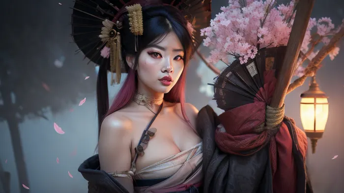 a women with a very large female samurai hat, a rope around her neck, a rope around her breasts, a small top, she is in a cherry blossom forest, cyberpunk art, very beautiful cyberpunk samurai, cyberpunk geisha, (very small breasts), she has a beautiful elaborate hairstyle, long blonde hair with pink highlights, geisha, geisha style, geisha outfit, geisha look, geisha costume, ((she is wearing a beautiful large female samurai hat)), perky small breasts, (realistic highly detailed large beautiful crystal eyes with light glowing, [brown, blue, green], , , iris), heartshaped lips, lip gloss, aroused skin, dramatic sunset, dreamy mood, detailed photo, photorealistic photo, realistic pretty women photo, realistic night vision soft fokus parallax overexposure photo style, #KITTYART





























#KITTYART