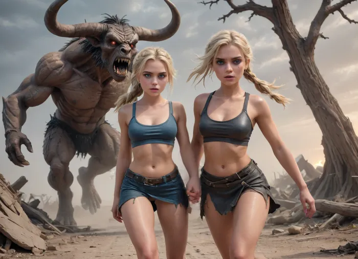 Two young women — desert survivors in a post-apocalyptic fantasy world — run across a vast cracked wasteland under an ominous grey-orange sky. The land is broken and lifeless, scattered with ruins of forgotten civilizations and twisted trees petrified by time.

The first girl has long golden-blonde hair tied in a messy braid and fair skin with soft, doll-like features. Her wide blue eyes are filled with fear but also fascination. She wears a skimpy outfit made from stitched leather and torn cloth, a cropped top and short skirt, both showing off her toned figure. As she runs, she looks back at the monster behind them with a mix of terror and strange attraction.

The second girl has short black hair and rich brown skin with full lips and large amber eyes that gleam with both panic and flirtation. Her clothes are more practical yet revealing — a wrapped leather top and a layered skirt made from old fabric scraps. She holds the blonde girl's hand as they flee, glancing over her shoulder with a look that mixes fear and seductive curiosity.

Behind them looms a monstrous mutated minotaur — over 10 feet tall, muscular and primal, with jagged obsidian horns, glowing red eyes filled with rage, scars of war etched into his flesh, and chains dangling from his waist. His body is a terrifying fusion of power and mutation — armor half-melted into muscle, exposed sinew beneath torn hide — yet there’s an undeniable animal magnetism to him. He stomps forward through swirling dust and ash, chasing the girls with predatory focus.

Style, dark fantasy, dystopian apocalyptic setting, cinematic lighting, dramatic action moment, high detail, sensual tension.., <lora:EnvyCuteXL02:.8>