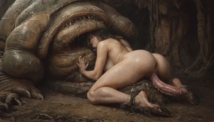 (((fat naked 69 year old fat woman in heat, crying and suffering, in a stall))), bob cut black hair she has big saggy tits age-appropriate empty breasts, big ass jungle explorer, she has excess cum dripping from her pussy, lying in the mud, sweaty, sad, huge barbed cocks, (barbed:1.2), round ass, thick thighs, wide hips, full body, sideways, gigantic, (((Jabba the Hutt monster with barbed cocks, monster claws restraining, monster claws groping, tongue tentacles with cock on the end))), HDR, ultra details, invades the womb, life in the pussy, Jabba fucks her pussy and mouth hard, giger, by Hans Ruedi Giger and Ferdinand Hodler, style, of, H., R., Giger, <lora:dark:.2>, <lora:hrg:.7>, <lora:tbh295-sdxl:.7>