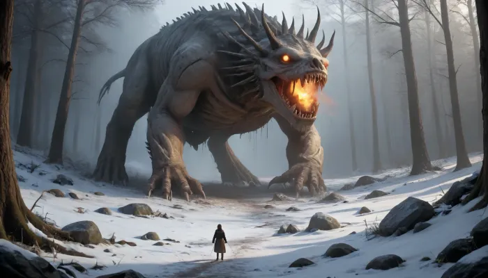 A bleak anti-utopian winter forest where skeletal trees rise from cracked frozen ground, their branches heavy with jagged acid-green icicles dripping onto patches of glowing bioluminescent moss. The sky is choked with smog, casting a sickly gray-blue haze over the snow-covered ruins of a forgotten civilization—twisted metal beams protrude from the earth, half-buried in frost, while faint aurora-like lights flicker weakly above. The air is thick with falling snowflakes tinged faintly amber by a decaying magical energy, and the distant howl of an unknown creature echoes through the silence. Style, dark fantasy meets primal decay, blending hyper-realistic textures, (rough bark, frost-crusted stones), with muted earth tones and eerie toxic highlights. No modern technology—only the raw brutality of a shattered world surviving on forgotten magic.